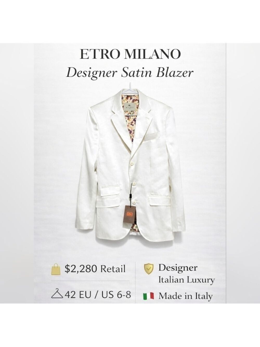 ETRO Milano Lotus Satin Blazer Jacket EU 42 / US 6-8 NWT $2,280 Designer Italy